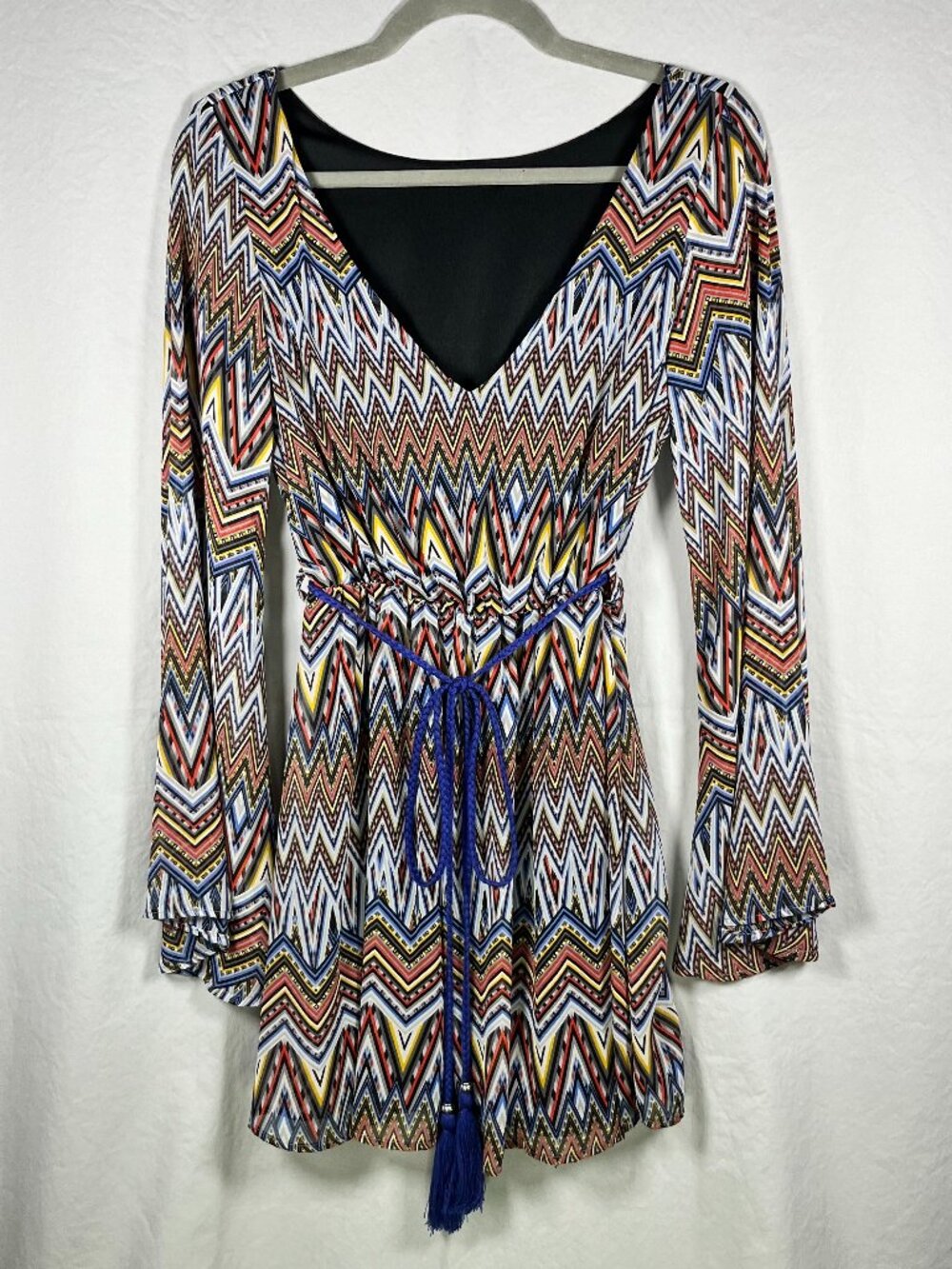 Retro 60s 70s Groovy Bell Sleeve Colorful Chevron Belted Mini Gogo Dress Boho